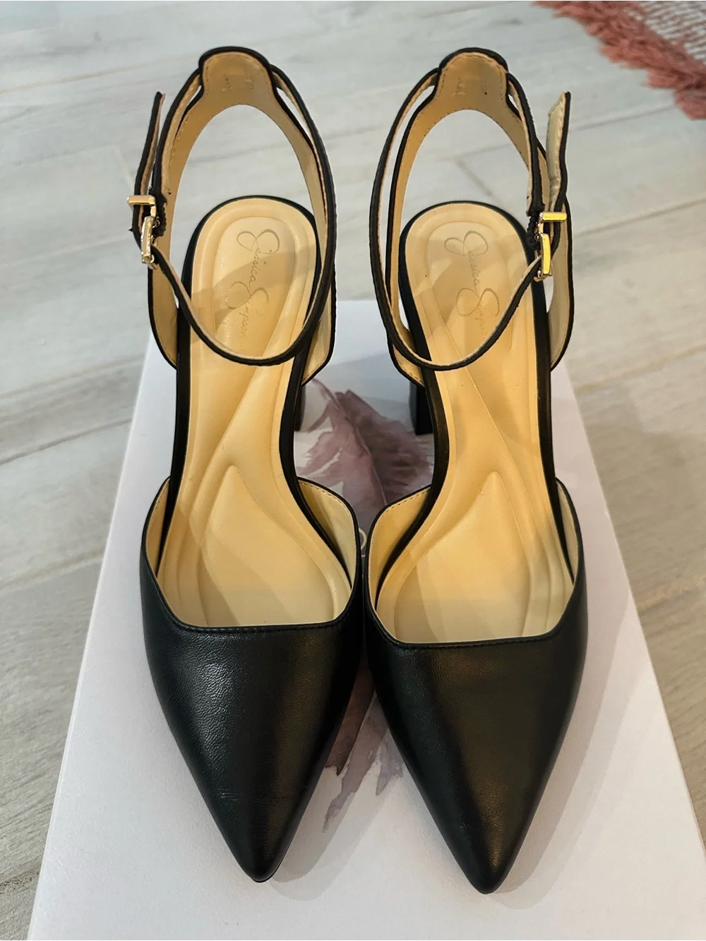 Jessica Simpson Norielle Black Leather Pointed Toe Heels 7.5M